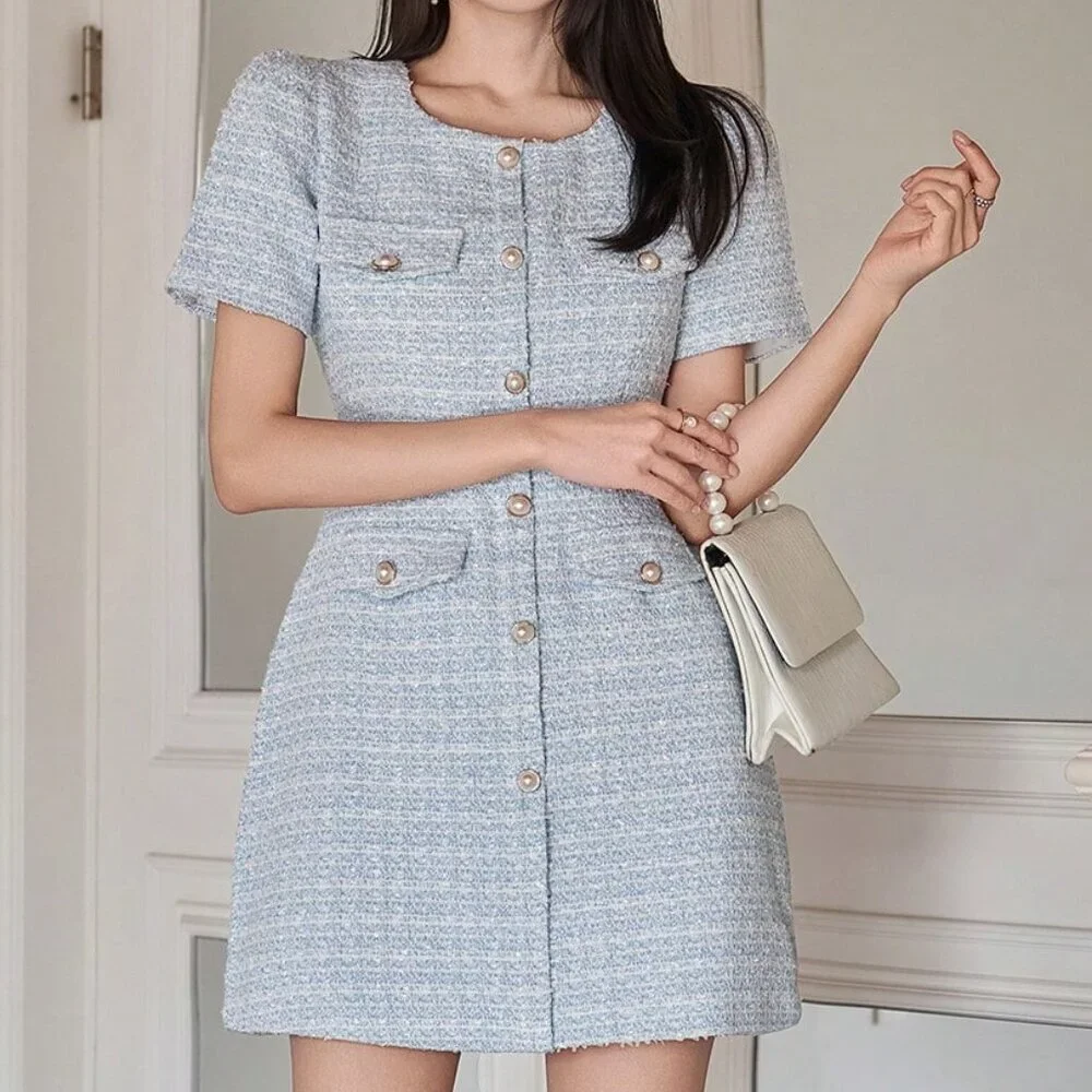 Blue Elegant Women's Faux Pocket Mini Dress Wedding Guest Dress